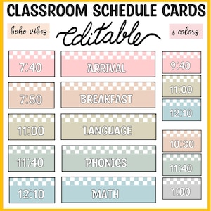 Boho Checkered Classroom Schedule Cards, Elementary Class Schedule Posters, Back to School Class Routine Cards, Editable Classroom Labels