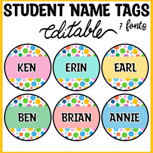 Printable Polka Dots Student Name Labels. Bright and Colorful Round Name Tags, Back to School Polka Dots Name Templates, Cubby Tags