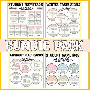 Könnte beinhalten: Ein Bundle-Paket mit editierbaren Unterrichtsmaterialien. Enthält Schülernamensschilder, Wintertischschilder, Alphabet-Lernkarten und weitere Schülernamensschilder. Die Designs zeigen Pastellfarben und Sternmuster. Der Text enthält "Student Nametags", "Winter Table Signs" und "Alphabet Flashcards".