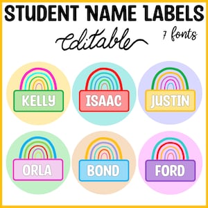 Etiquettes imprimables pour élèves thème arc-en-ciel, plaques nominatives, étiquettes de salle de classe, étiquettes modifiables pour casiers, cartes de visite rondes modifiables pour élèves, étiquettes