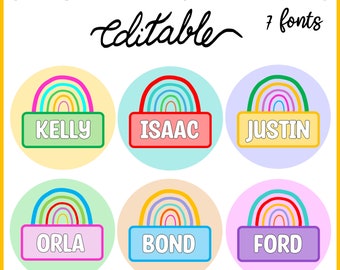 Printable Rainbow Theme Student Name Tags, Name Signs, Classroom Labels, Editable Cubby Labels, Editable Round Student Name Cards, Labels