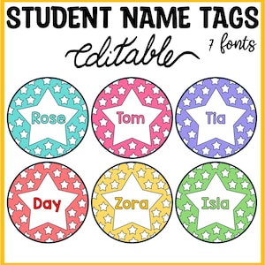 May include: Six colourful star-shaped name tags with white outlines and white stars on a white background. The names Rose, Tom, Tia, Day, Zora, and Isla are printed in white inside the stars.
