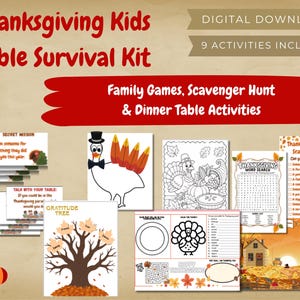 Kit de supervivencia para la mesa de Acción de Gracias para niños: Paquete de actividades imprimibles para la familia / Juegos, búsqueda del tesoro y cena