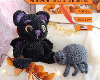 Halloween Crochet Pattern Set – Bat Cat & Little Spider | Low Sew Amigurumi | PDF Crochet Tutorial | Toys for market