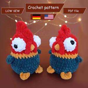 Patrón de crochet de gallo loco, patrón de crochet de gallo divertido, patrón de costura baja de gallo loco en PDF, patrón de amigurumi, en inglés y alemán