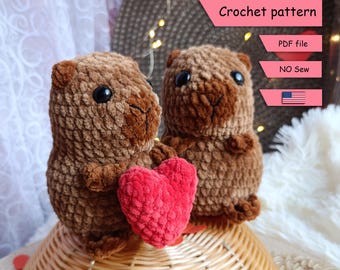 Capybara Valentine Crochet Pattern: No Sew Amigurumi (PDF-mönster)