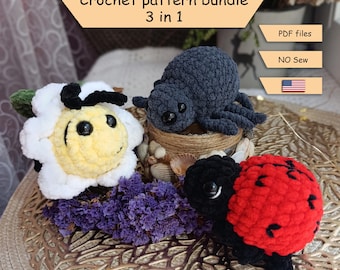May include: A crochet pattern bundle featuring three amigurumi patterns: a bee on a flower, a spider, and a ladybug. The patterns are available as PDF files and are no-sew.