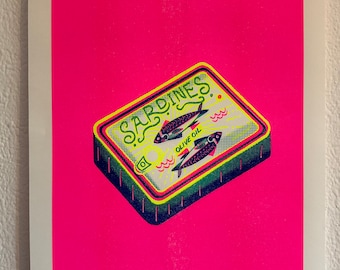 May include: A bright pink poster with a retro-style illustration of a can of sardines. The can is labeled "SARDINES" in a stylized font and features two sardines swimming in olive oil.