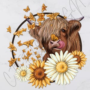 May include: A whimsical illustration of a Highland cow with brown fur, a pink tongue, and butterflies. The cow is surrounded by yellow butterflies, sunflowers, and daisies, set against a white background with a marble effect.