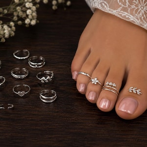 Conjunto de anillos para los dedos del pie de plata de ley, anillos ajustables para los dedos del pie, colección minimalista de anillos para los dedos del pie, joyería bohemia playera, anillos de plata hechos a mano para los dedos del pie para mujer.