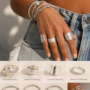 May include: A collection of silver rings and bracelets. The rings include an oval statement ring, hammered band ring, and geometric wide ring. Bracelets include a beaded bangle, rope style bracelet, and layered bracelet. The image also shows a complete set look.