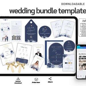 Plantillas imprimibles para paquete de bodas, invitación de boda, periódico de boda azul marino y azul polvoriento, etiquetas/rótulos, sobre, tarjeta para raspar, votos matrimoniales
