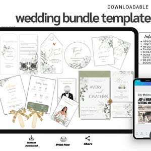 Plantillas imprimibles para paquete de bodas, invitación de boda, periódico de boda verde salvia, etiquetas/etiquetas, sobre, tarjeta para raspar, votos matrimoniales