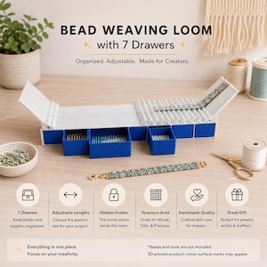 May include: A white and blue bead weaving loom with seven drawers, designed for creators. The loom is open, displaying beads and a finished bracelet. Text on the image reads "BEAD WEAVING LOOM with 7 Drawers."