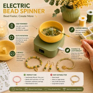 May include: An electric bead spinner with the text "ELECTRIC BEAD SPINNER" and "Bead Faster, Create More". The device is USB powered, has auto rotation, and includes two bowls. The image also shows jewelry and beads.