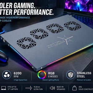 May include: A dark grey rectangular laptop cooling pad featuring four circular fan vents with geometric cutouts, a central logo, and integrated RGB light strips along the sides. Text includes COOLER GAMING. BETTER PERFORMANCE. 6200 RPM, 8 RGB MODES, and 15.6mm ultra-thin.