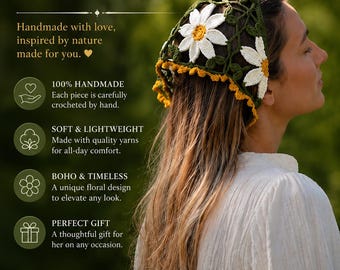 Handmade Crochet Daisy Bandana | Boho Floral Headscarf, Cottagecore Hair Accessory