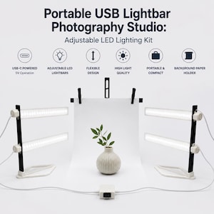 May include: Portable USB Lightbar Photography Studio with adjustable LED lighting kit. Features include USB-C powered 5V operation, adjustable LED lightbars, flexible design, high light quality, portable and compact build, and a background paper holder.