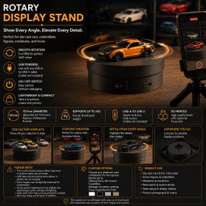 May include: A black rotary display stand with an orange and black die-cast car on top. The stand is USB powered and has an on/off switch. The stand is 107mm in diameter and supports up to 1kg. The stand is ideal for displaying collectibles.