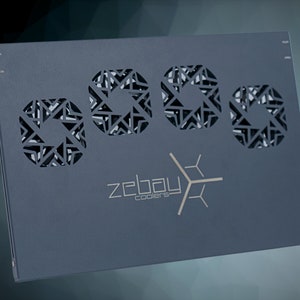 May include: A dark gray metal box with three circular cutouts and the text "zebay coolers" in silver lettering.
