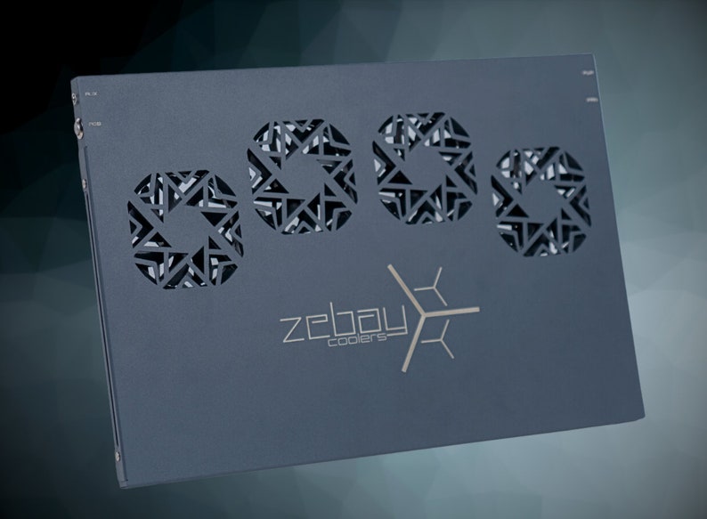 May include: A dark gray metal box with three circular cutouts and the text "zebay coolers" in silver lettering.