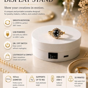 May include: A white rotary display stand with a black on/off switch and USB port. The stand, 107mm in diameter, supports up to 1kg and rotates smoothly for 360-degree views. The text on the image says "ROTARY DISPLAY STAND" and "A UNIQUE GIFT FOR CREATORS".