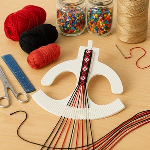 May include: A white weaving loom with a black, red, and white woven band. Red, black, and orange yarn balls are next to the loom. Jars of colorful beads, scissors, a ruler, and thread spools are also visible.