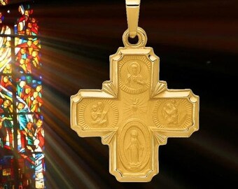 Ciondolo a medaglia cattolica a quattro vie in oro 14 carati: amuleto religioso