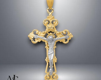 Colgante con crucifijo de flor de lis INRI en oro de dos tonos de 14 quilates con opciones de collar de cadena