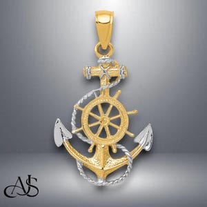 14K Yellow Gold w/ Rhodium Anchor w/Rope Pendant with Necklace Chain Options