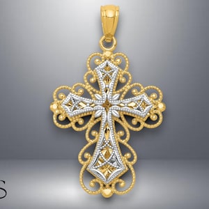 14K Two Tone Gold Polished 2 Level Filigree Cross Pendant with Necklace Chain Options
