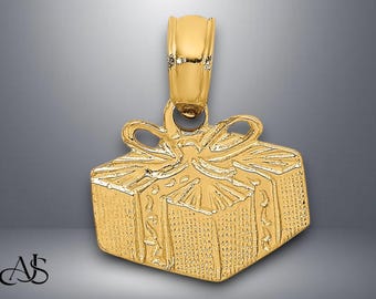 14K Yellow Gold Wrapped Gift Box Charm with Necklace Chain Options