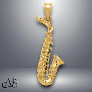 14K Yellow Gold Solid Polished 3-D Saxophone Pendant with Necklace Chain Options