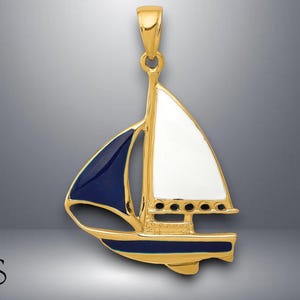 14K Yellow Gold 2-D Blue and White Enameled Sailboat Pendant with Necklace Chain Options
