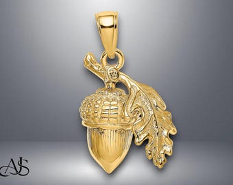 14K Yellow Gold 3-D Acorn w/Leaf Pendant with Necklace Chain Options