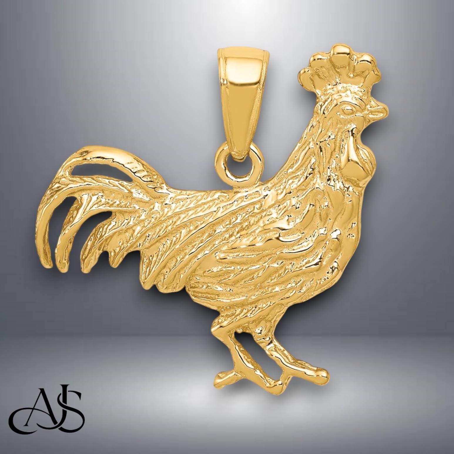 14K Yellow Gold Textured Rooster Chicken Pendant Charm With