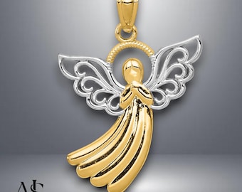 14K Yellow Gold with White Rhodium Accent Filigree Angel Pendant with Chain Necklace options