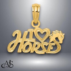 14K Yellow Gold I HEART HORSES text Pendant Charm with Chain Necklace options