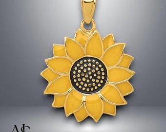 14K Yellow Gold Enameled Yellow Sunflower Pendant with Necklace Chain Options