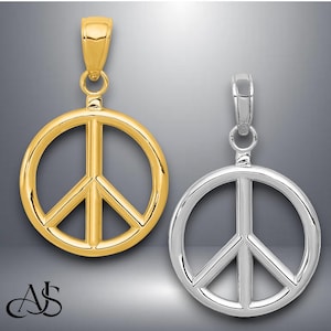 14K Yellow Gold or White Gold 3D Polished Peace Sign Pendant Charm with Necklace Chain Options