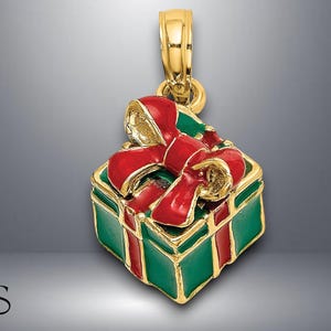 14K Yellow Gold 3-D Enamel Green Gift Box with Red Bow Charm with Necklace Chain Options