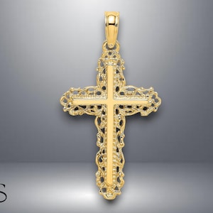 14K Yellow Gold Cross w/ Filigree Lace Trim Charm with Necklace Chain Options