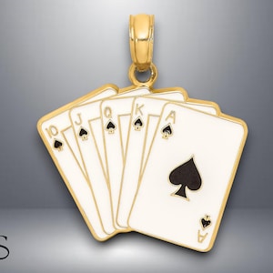 14K Yellow Gold Enamel Playing Cards Royal Flush Charm with Necklace Chain Options