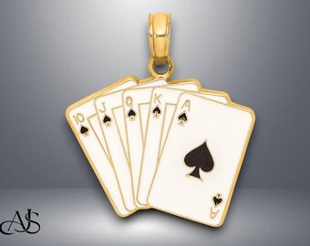 14K Yellow Gold Enamel Playing Cards Royal Flush Charm with Necklace Chain Options