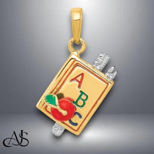 14K Two-tone Gold 3-D Enameled ABC School Book Pendant with Necklace Chain Options