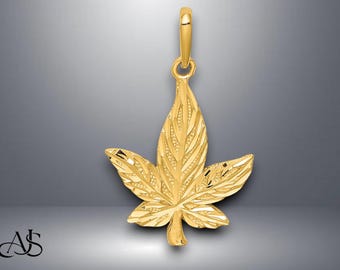 14K Yellow Gold Diamond-Cut Leaf Pendant with Necklace Chain Options