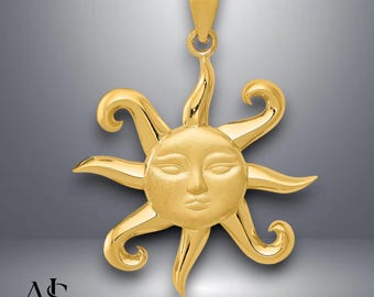 14K Yellow Gold Sun Face Pendant with Necklace Chain Options