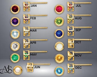 Birthstone Stud Earrings Bezel Set 4mm or 5mm in 14K Yellow or White Gold - Natural Stones