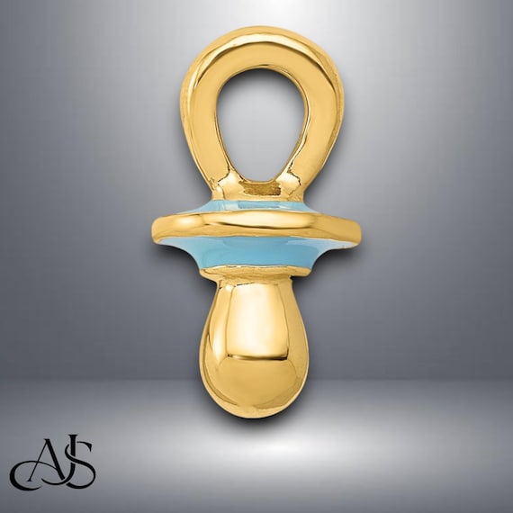 14K Yellow Gold Blue Enameled 3D Pacifier Pendant With Necklace