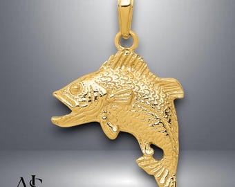 14K Yellow Gold Jumping Bass Fish Pendant with Necklace Chain Options
